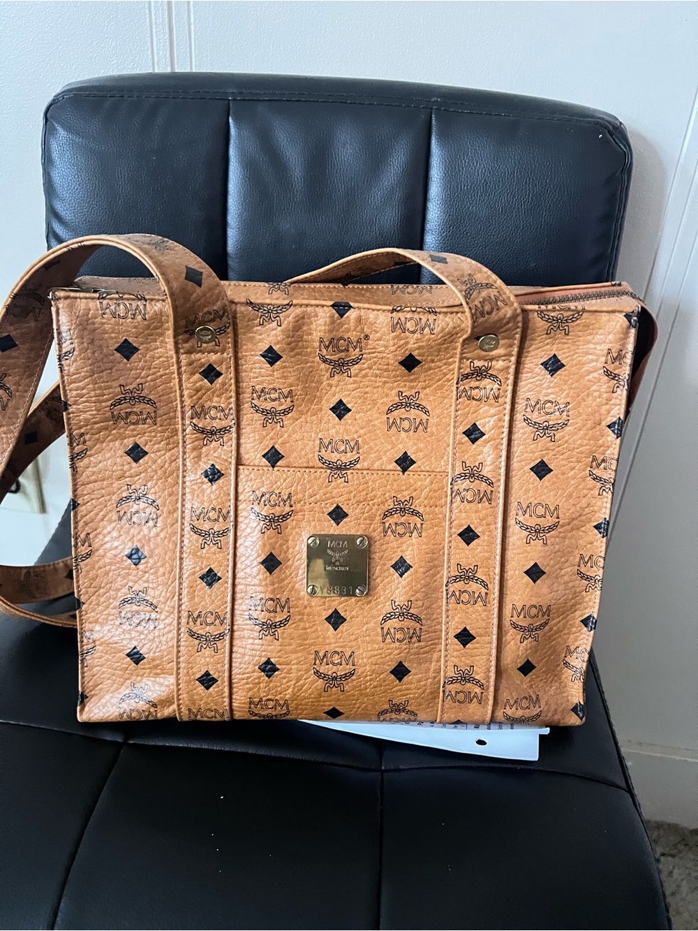 MCM Cognac Visetos Monogram Shoulder Bag with Gold Plaque